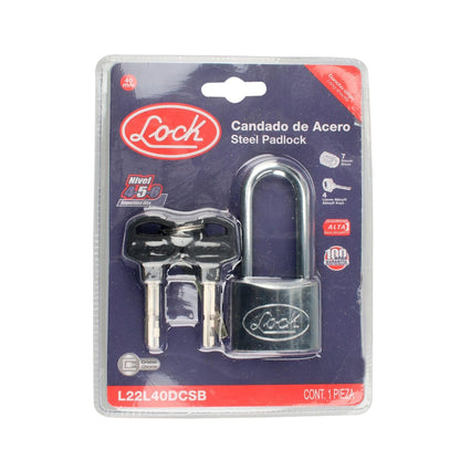 Lock L22L40DCSB Candado de Acero Largo Llave de Discos, Cromo Satinado, 40 mm