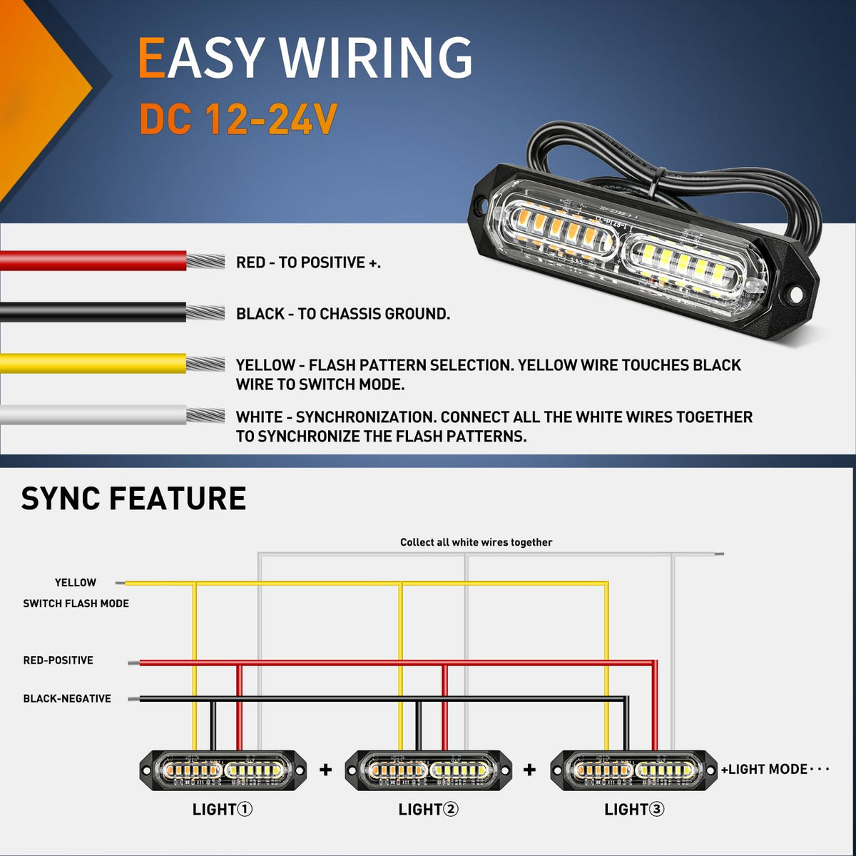 Nilight - 8 luces LED estroboscópicas, 12 LED, color ámbar blanco, luz de emergencia de 12 V, 24 V, montaje en superficie, luces intermitentes, advertencia de peligro, función de sincronización ultra