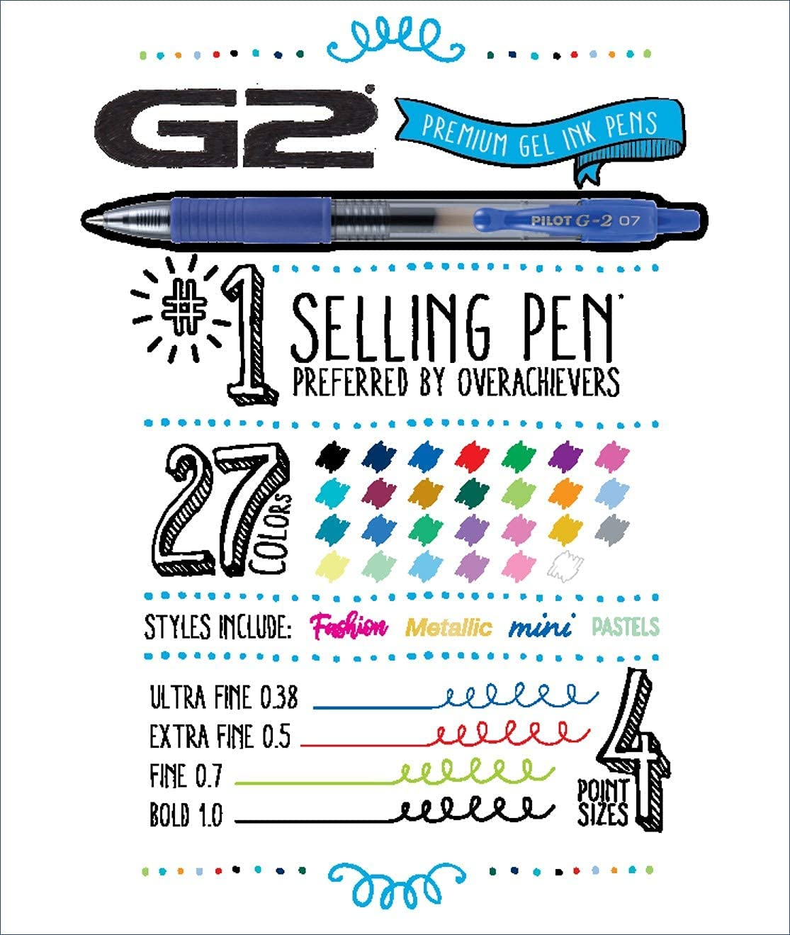 Pilot G2 Bolígrafos de tinta de gel recargables y retráctiles, punta fina (0,7 mm), negro/azul/turquesa/rojo/burdeos/púrpura/verde, 8 unidades (16603)