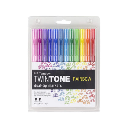 Tombow TwinTone Marcadores Pastel, Doble Punta, 12 Piezas - Rosa pálida, rosa fucsia, violeta, azul prusiano, azul francés, azul turquesa, azul claro, verde, verde amarillo, naranja, rojo