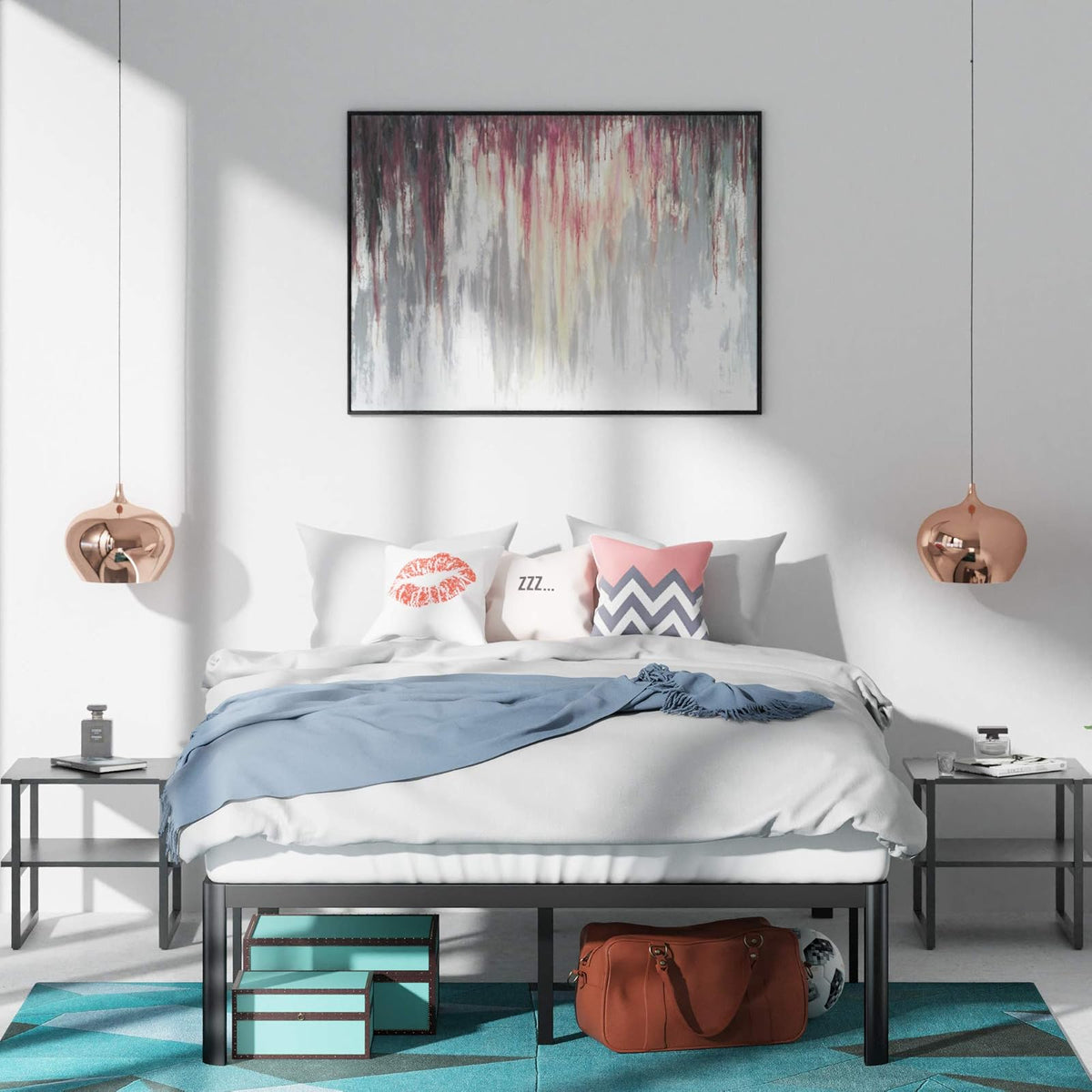 Zinus Van | Base de Cama Individual de Metal Ligero | Garantía de 5 años | Base de cama individual de metal ligero con tiras antihundimiento, espacio de almacenaje bajo la cama, soporta hasta 159 kg