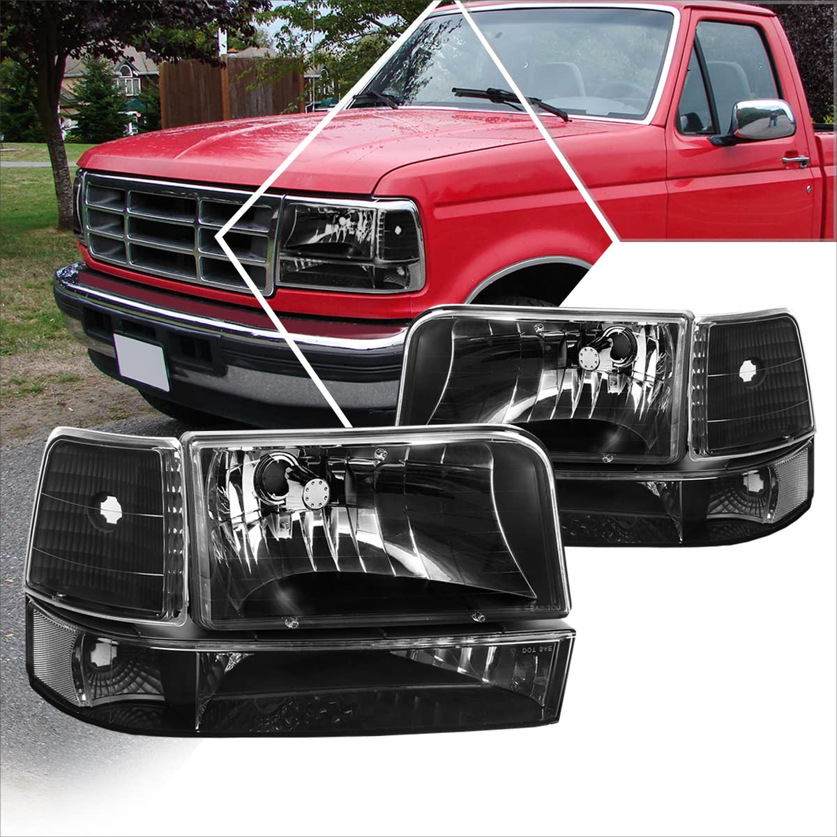 PM PERFORMOTOR - Juego de 6 Faros Delanteros Negros Transparentes compatibles con 92-96 F150 / F250 / F350 / 92-96 Bronco, PMHL-F150-9296-6P-OH-BC