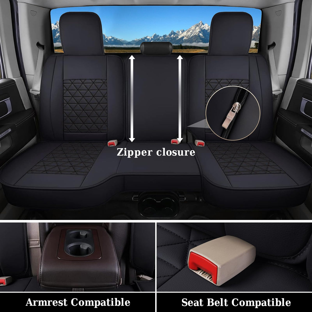 Coverado - Juego completo de fundas para asiento de automóvil, impermeable, protector de piel compatible con RAM 2002-2023 RAM 1500 2500 3500 camioneta Crew Quad Cab con banco curvado, color negro