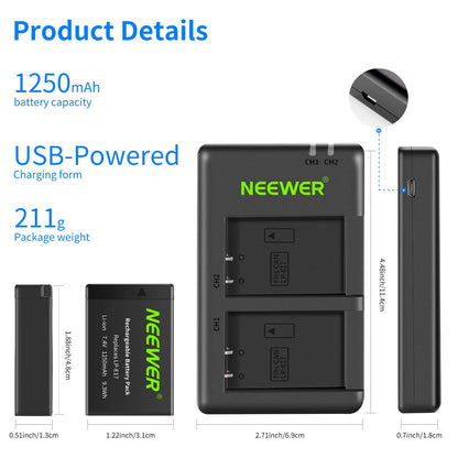 NEEWER 2-Pack LP-E17 Mejorada Batería y Cargador USB Dual para Canon EOS RP, Rebel SL2, SL3, T6i, T6s, T7i, M3, M5, M6, 200D, 77D, 750D, 760D, 800D, Cámara SLR Digital