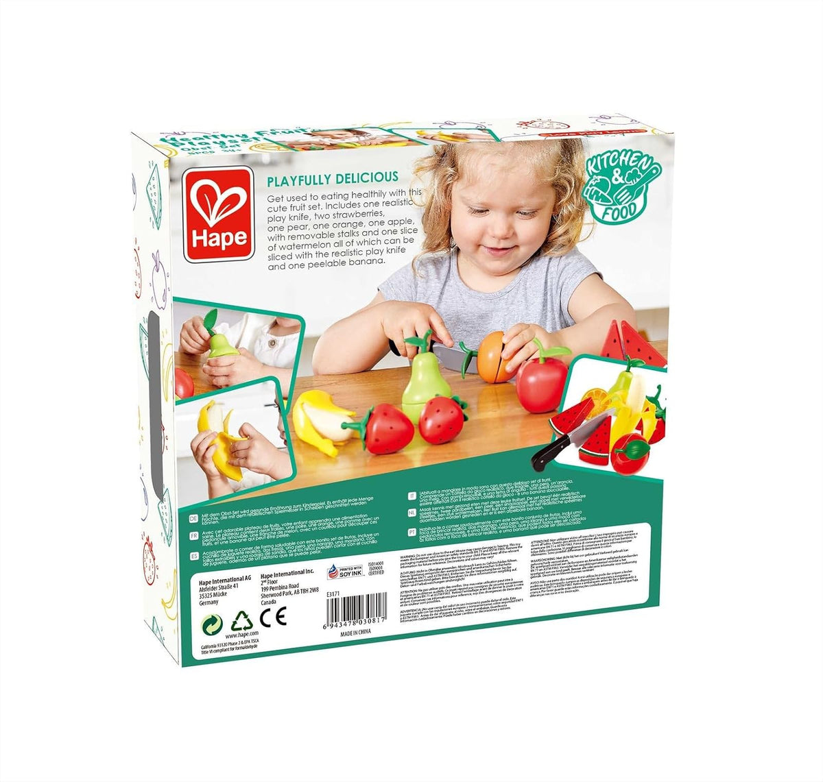 Hape , Juego de rol , Frutas Saludables con Cuchillo de Juguete Realista para Aprender y Jugar. Accesorio Cocina. De 2 a 8 años. E3171