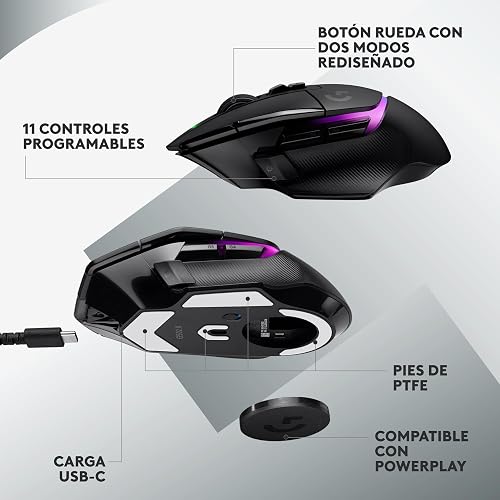 Logitech G502 X Plus Lightspeed Mouse Óptico Inalámbrico RGB para Gaming - Interruptores híbridos LIGHTFORCE, LIGHTSYNC RGB, Sensor Gaming Hero 25K, Compatible con PC - macOS/Windows - Negro