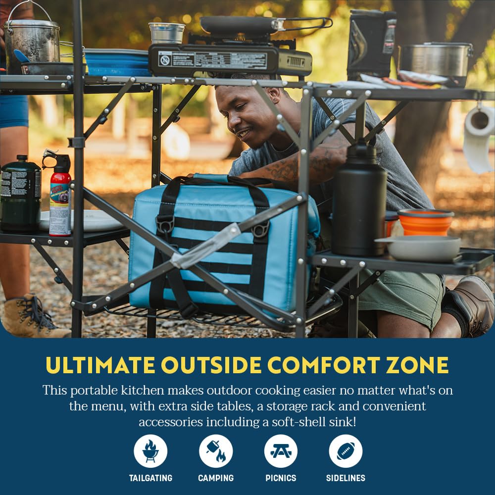 GCI Outdoor Master Cook Station | Mesa de cocina plegable portátil con fregadero de carcasa suave, mesa resistente al calor y poste telescópico, perfecta para viajes de campamento