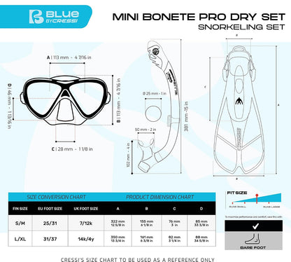 Cressi - Juego de esnórquel Juvenil para niños de 3 a 9 años, Aletas Cortas Ajustables, máscara de Silicona, esnórquel seco - Mini Bonete Pro Dry Set