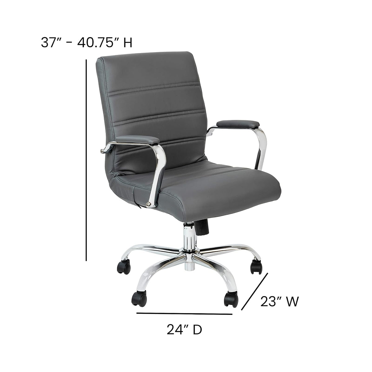 Flash Furniture Whitney - Silla de computadora giratoria de Piel Suave con Asiento Acolchado y reposabrazos, Silla de Oficina Acolchada de Altura Ajustable, Gris/Cromo