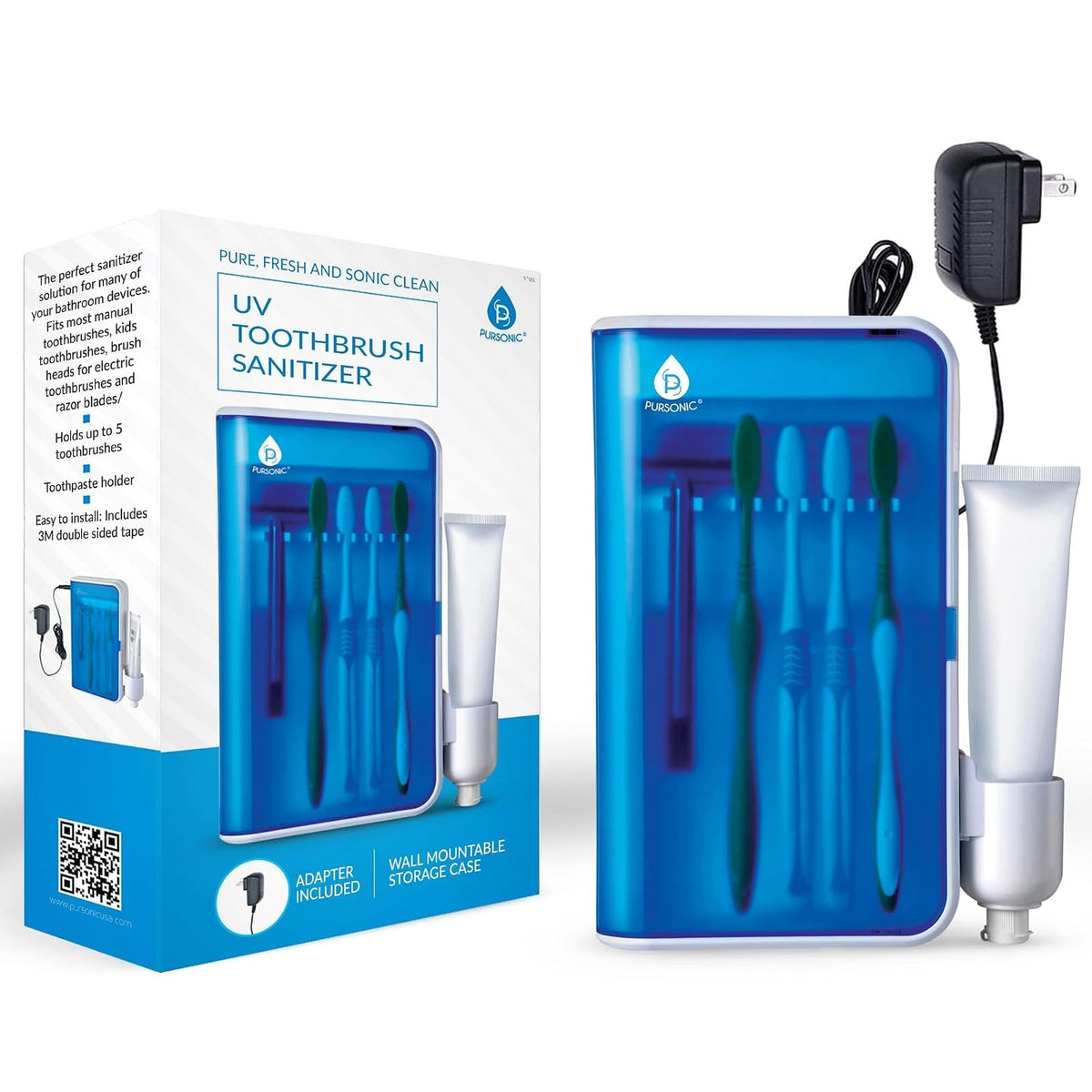 Pursonic - Soporte desinfectante para cepillos de dientes UV montado en la pared, 5 ranuras para cepillos de dientes para baños con soporte para pasta dental, soporte para cepillo para polvo de