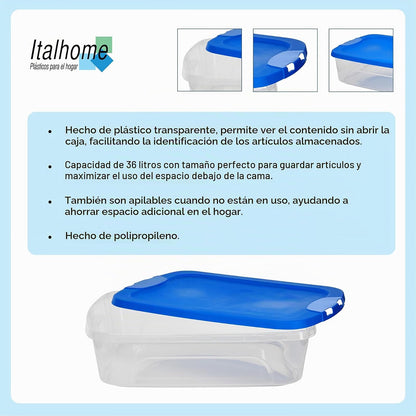 Italhome - Caja Organizadora, Capacidad a 36 Litros con Tapa, Ideal para la Organización en el Armario, Cocina, Oficina, Color Transparente