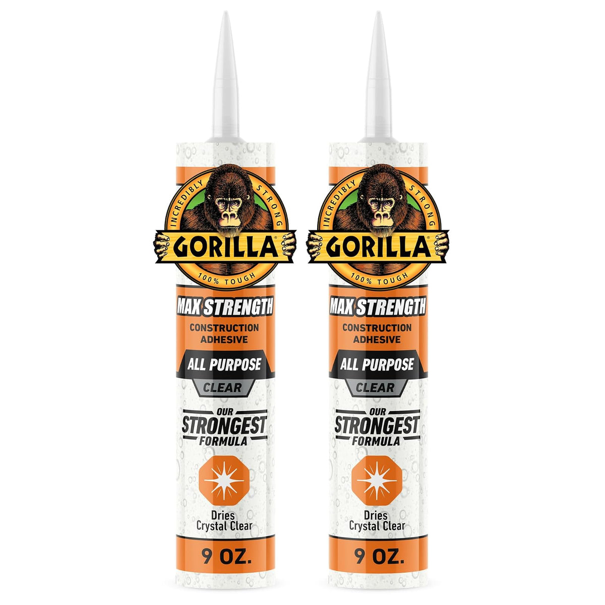 Gorilla Max Strength - calcomanía de construcción, pegamento transparente, cartucho de 9 onzas (paquete de 2) - Relleno de huecos e impermeable