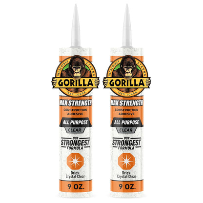 Gorilla Max Strength - calcomanía de construcción, pegamento transparente, cartucho de 9 onzas (paquete de 2) - Relleno de huecos e impermeable