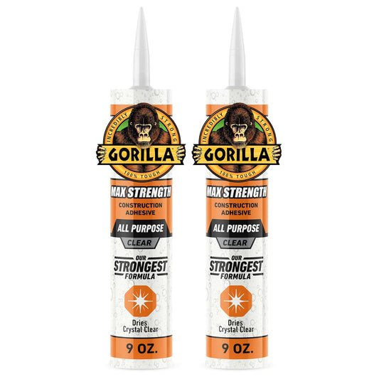 Gorilla Max Strength - calcomanía de construcción, pegamento transparente, cartucho de 9 onzas (paquete de 2) - Relleno de huecos e impermeable