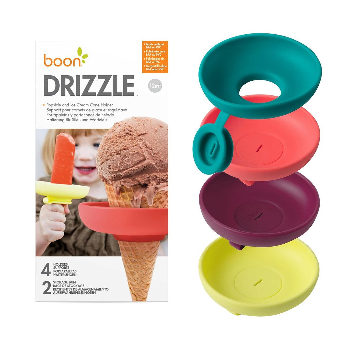 Boon Drizzle - Soporte para hielo de silicona, 4 unidades | Colector de goteo de silicona, para golosinas congeladas y conos de helado, apto para lavaplatos, artículos esenciales para