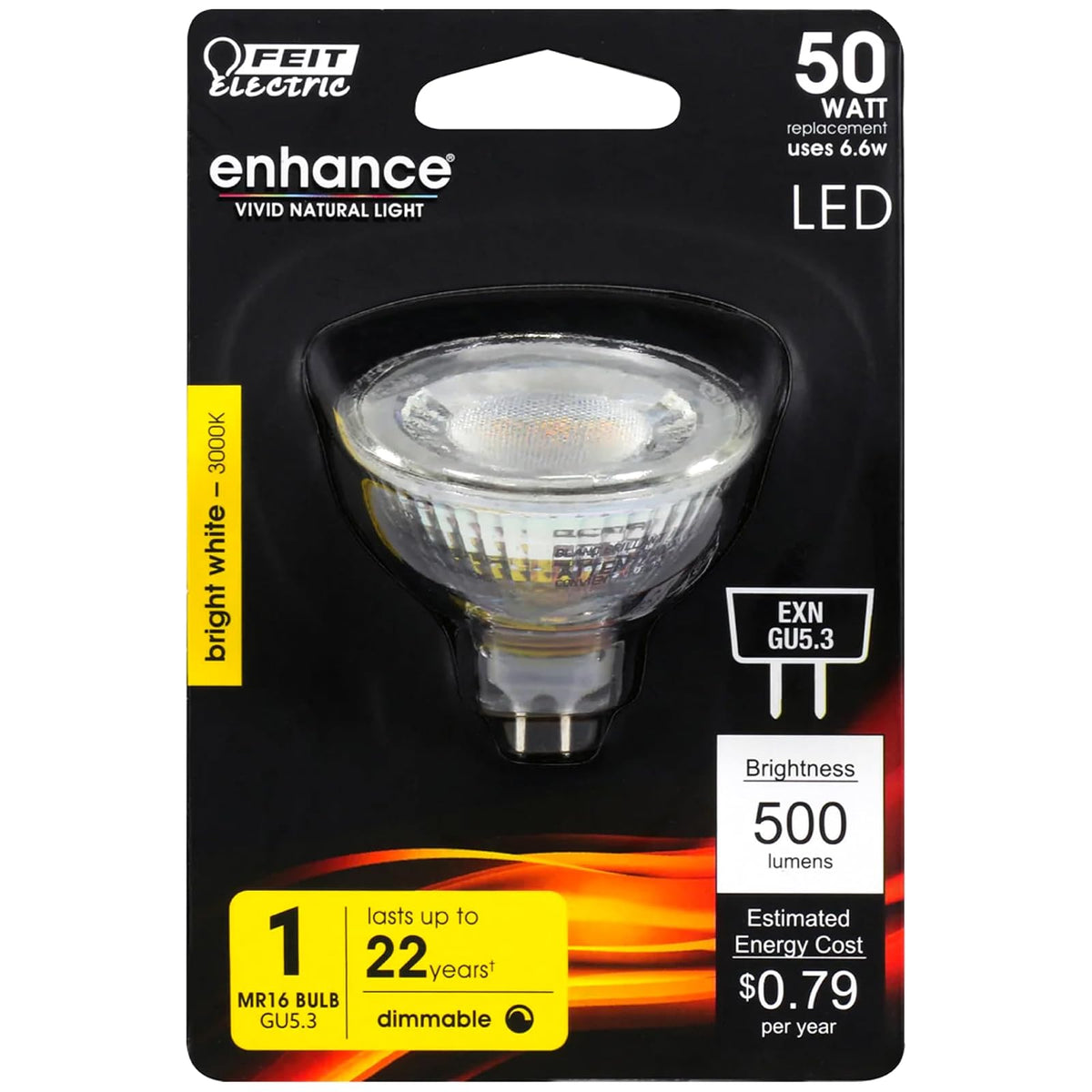 Feit Electric BPEXN/930CA/6 6.6 W 50 W Equivalente a 500 lúmenes MR16 GU5.3, 2 pulgadas de alto x 2 pulgadas de profundidad, 3000 K blanco brillante, 6 piezas