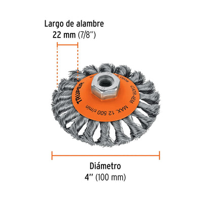 Truper CATR-4EM, Carda tipo cónico 4" alambre trenzado, multi-rosca