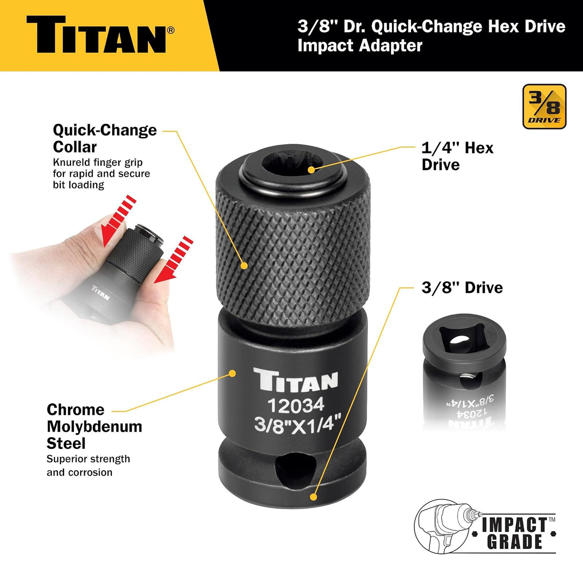 Titan 12034 Adaptador de cambio rápido de unidad hexagonal de 3/8 pulgadas a 1/4 pulgadas