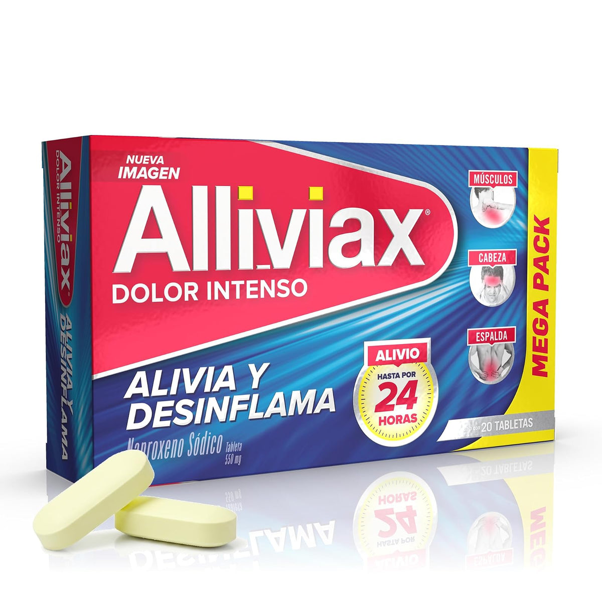 ALLIVIAX - Alivia varios tipos de dolor hasta por 12 horas, con Naproxeno Sódico 550mg. Caja con 20 tabletas.