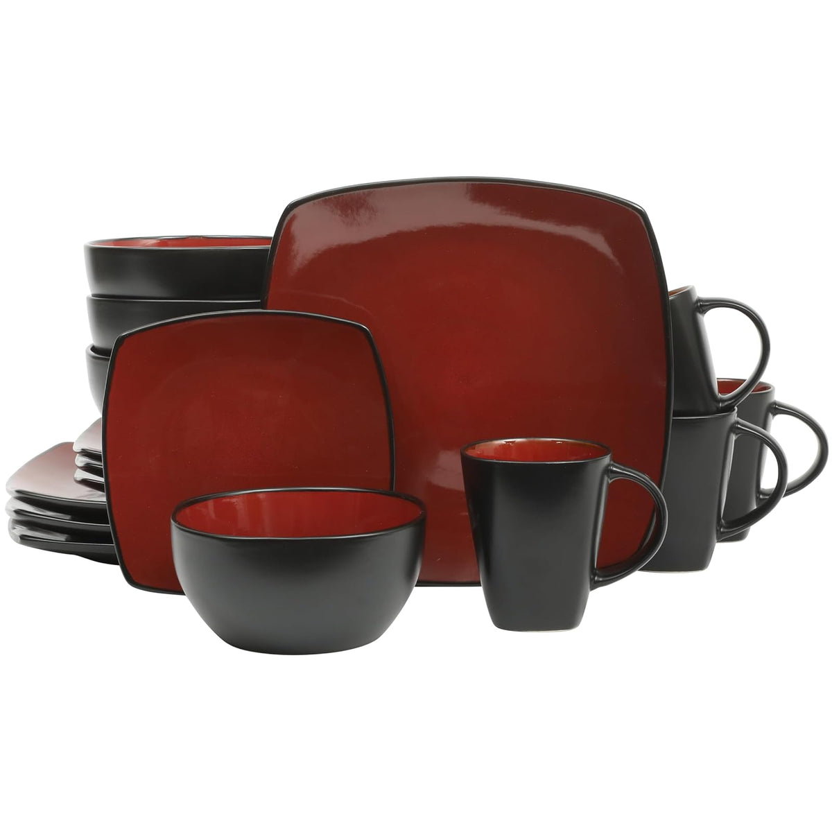 Gibson Home Soho Lounge Juego de Vajilla de Gres Cuadrada, Servicio para 4 - Service for 4 (16pcs) - Rojo