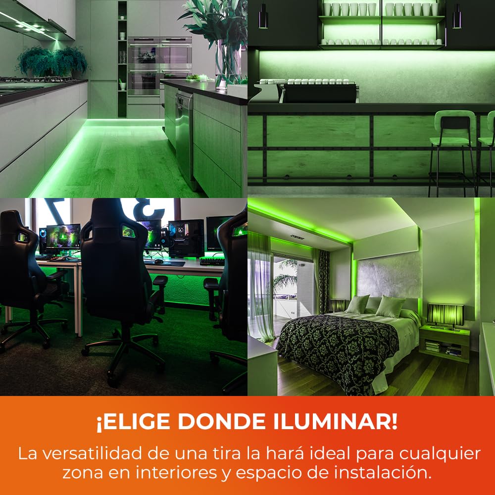 Tecnolite - Tira LED 5 Metros 12 W Luz Verde, Interiores, Plug and Play, No atenuable, Recortable