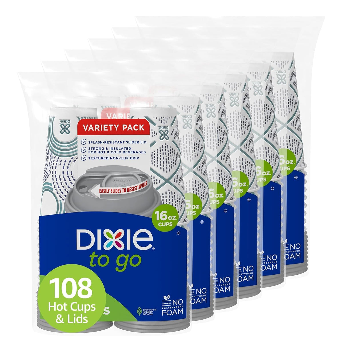 Dixie To Go - Tazas de bebidas calientes y tapas deslizantes, 16 onzas, 108 unidades, diseños surtidos, tazas de café de papel desechables y tapas deslizantes (6 paquetes de 18 tazas y tapas)