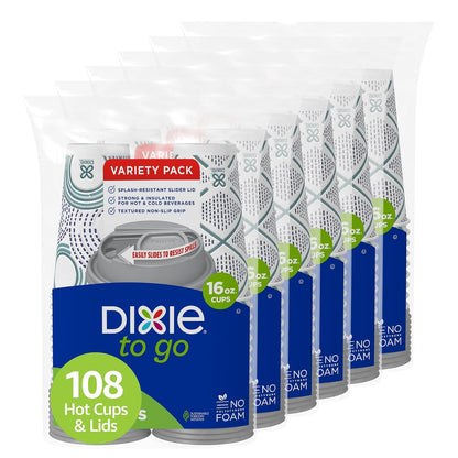Dixie To Go - Tazas de bebidas calientes y tapas deslizantes, 16 onzas, 108 unidades, diseños surtidos, tazas de café de papel desechables y tapas deslizantes (6 paquetes de 18 tazas y tapas)