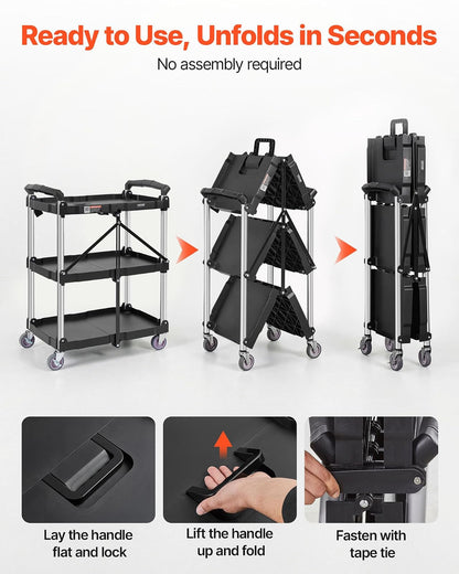 VEVOR Foldable Utility Service Cart, 3 Shelf 165LBS Heavy Duty Plastic Rolling Cart with Lockable Wheels, Ergonomic Handle, Portable Garage Tool Cart for Warehouse/Office/Home(25.62"x15.43"x32.76")