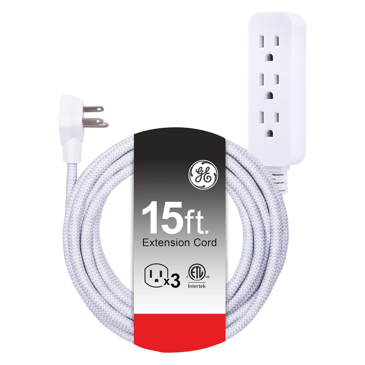 GE Pro Multicontactos 3 Salidas con Supresor de Picos, Cable Trenzado 2.4-4.5 m - Blanco - Gris - 4.5 m - 1 Unidad