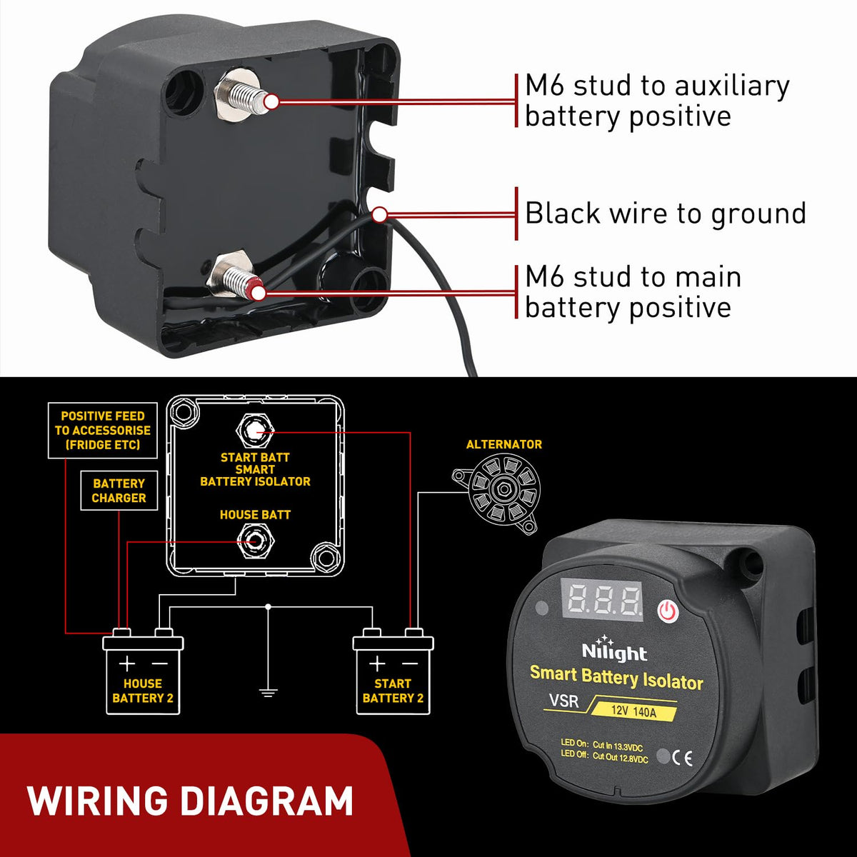 Nilight Aislador de Batería Dual 140 AMP 12V con Voltímetro Digital | IP66 impermeable VSR cuenta con una visualización LED en vivo, carga automática (13.3V/12.8V) y kit de hardware