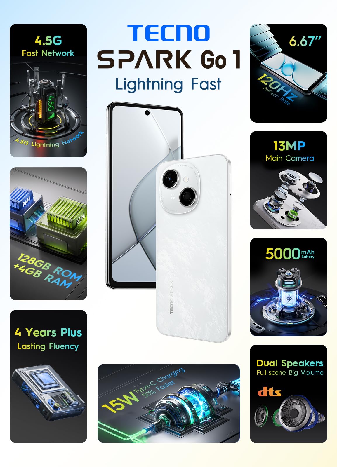 Tecno Celular Spark Go 1 Dual SIM 128GB ROM 4GB+4GB RAM Virtual 6.67" Unisoc T615 120Hz Pantalla Cámara 13MP IP54 Batería 5000mAh Carga de 15W Doble Altavoz Versión Global (Blanco)