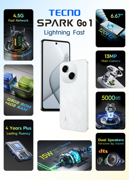Tecno Celular Spark Go 1 Dual SIM 128GB ROM 4GB+4GB RAM Virtual 6.67" Unisoc T615 120Hz Pantalla Cámara 13MP IP54 Batería 5000mAh Carga de 15W Doble Altavoz Versión Global (Blanco)