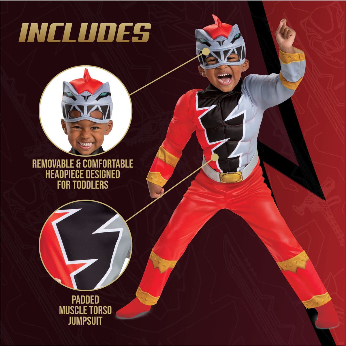 Disfraz muscular de Red Ranger para niño, traje oficial de Power Rangers Dino Fury con máscara, talla M (3T-4T)