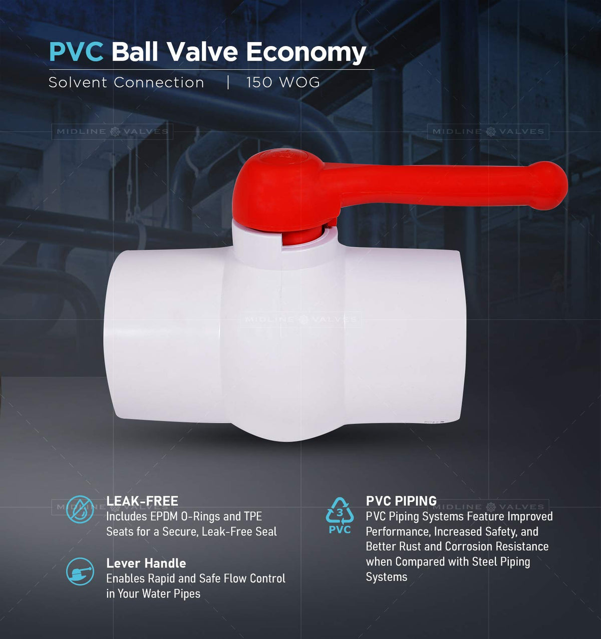 Válvula de bola de PVC con mango en T, color rojo Solvent Connections - Plástico blanco (482T600)