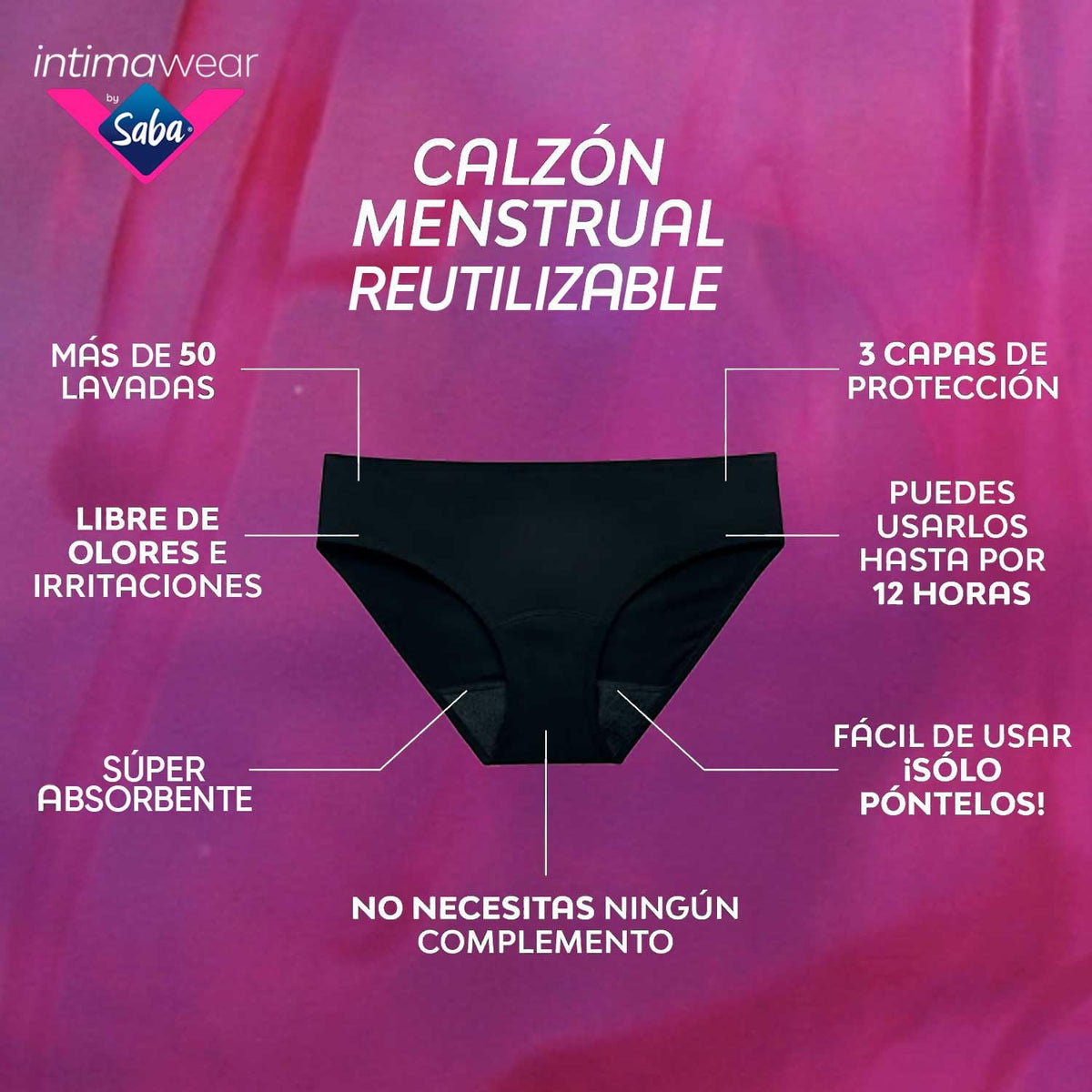 SABA Ropa Interior intimawear para periodo Hipster de Algodón Talla Grande Negro Flujo Abundante 1 pza