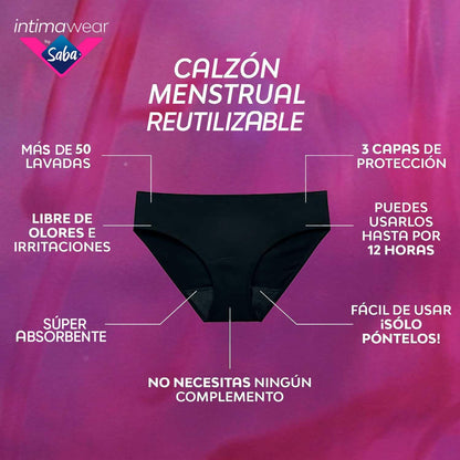 SABA Ropa Interior intimawear para periodo Hipster de Algodón Talla Mediana Negro Flujo Moderado 1 pza
