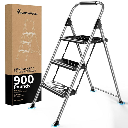 DIAMONDFORGE - Escalera de 3 Peldaños Plegable con Pedal Antideslizante, Mango Suave, Pie Antideslizante, Acero Resistente, Capacidad de 900 Libras