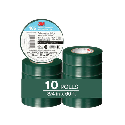 3M Temflex Cinta eléctrica de vinilo multiusos 165, verde, 19 mm x 18 m, paquete de 10 rollos
