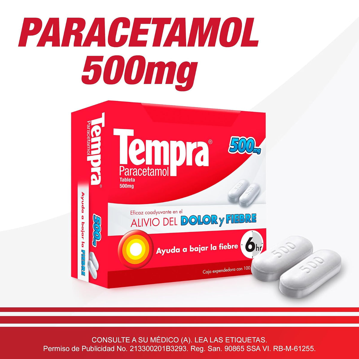 Tempra 500mg paracetamol, para dolor y fiebre, caja con 100 tabletas