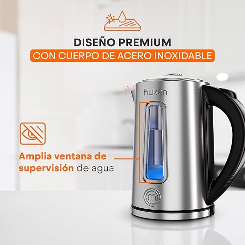 Hukën x MasterChef | Tetera Eléctrica STEEL-FUSE 1.7L | Hervidor de Agua con Infusor de Té Removible | Acero Inoxidable | Apagado Automático | Base 360° | Luz LED | Ventana de Agua