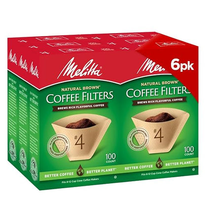 MELITTA Natural Brown #4 Cone Filters, Cone Coffee Filters, Replacement Filters, Coffee Maker Filters, Natural Brown, 100 Count (Pack of 6)