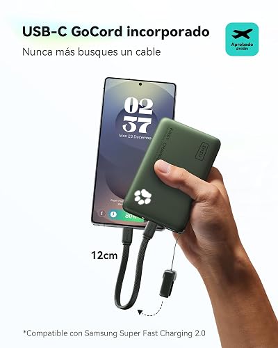 INIU Power Bank, 40% Más Pequeño 10000mAh 45W Carga Rápida Batería Portátil | Cable USB C Desmontable, Apto para Avión, Esenciales de Viaje, Bateria Portatil para iPhone 17 Samsung Xiaomi etc. [Verde]