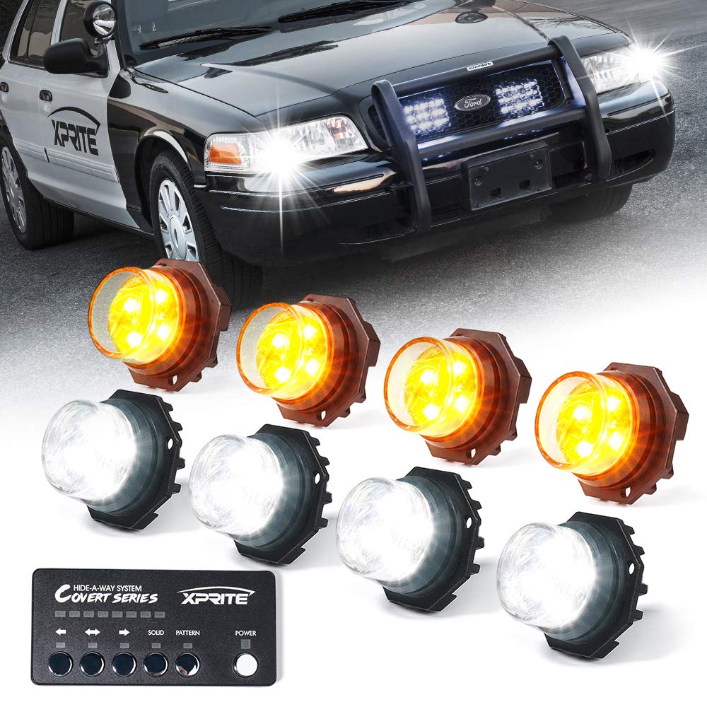 Xprite - Kit 8 luces estroboscópicas LED ocultas tipo policía, blanco ámbar, 20 patrones parpadeo c/panel de control p/faros delanteros, traseros, luces advertencia p/vehículo emergencia, camión, SUV