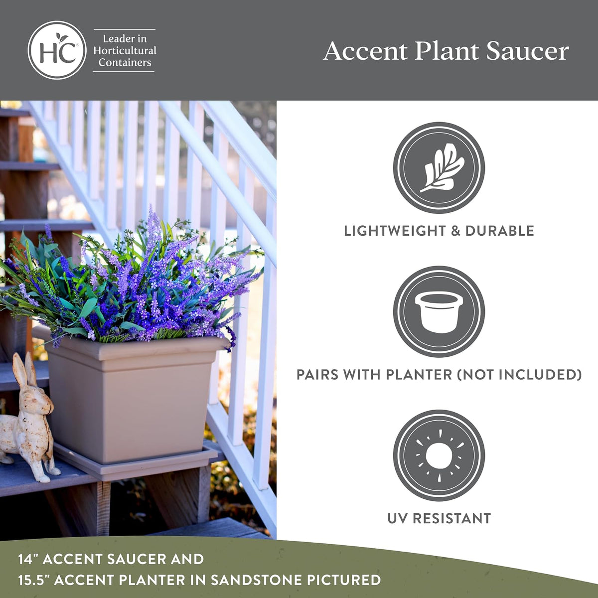 The HC Companies - Platillo Cuadrado para Plantas - Bandejas de plástico duraderas para Plantas, Elegante Bandeja Cuadrada para Drenaje de Agua, platillo Resistente a los Rayos UV para Uso en