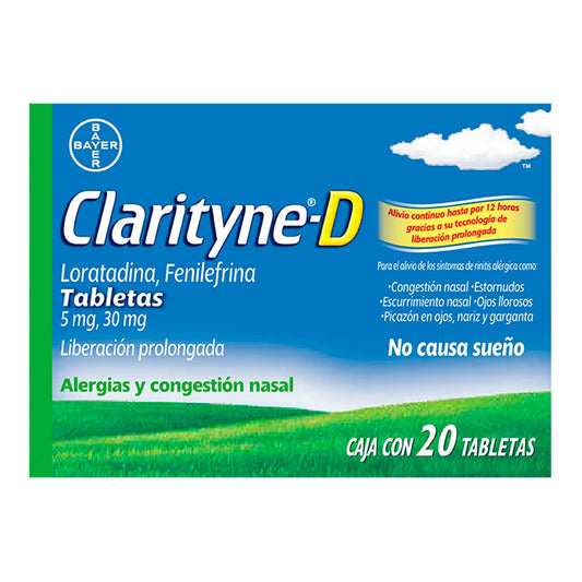 Clarityne D Antihistamínico Descongestivo, Alivio Continuo de Alergias y Congestión Nasal Hasta por 12 Horas Sin Causar Sueño, 20 Tabletas