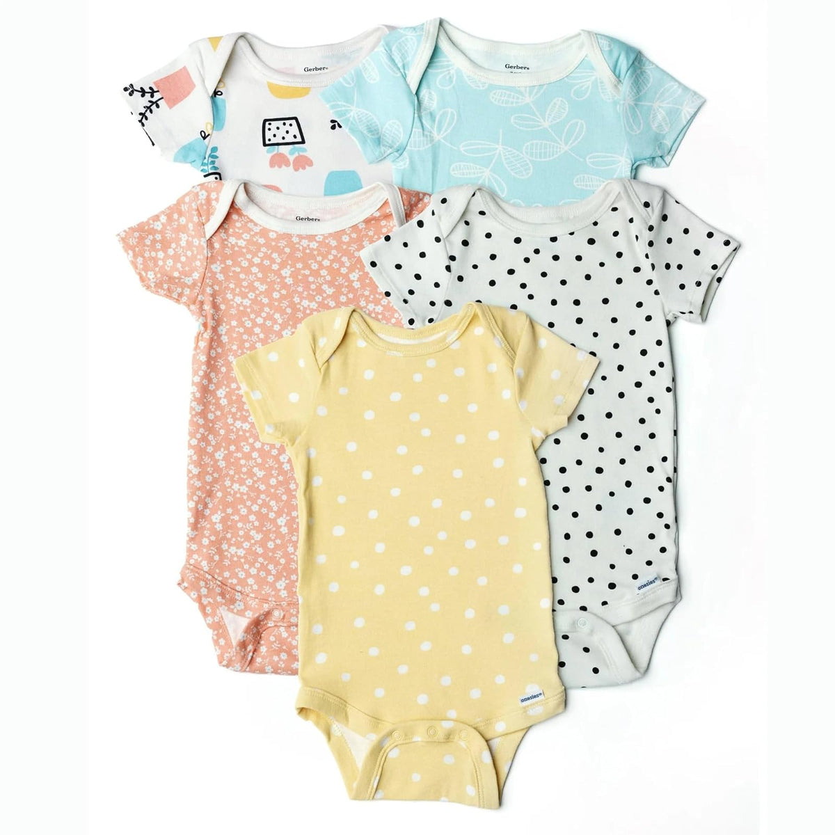 Grow by Gerber Body de Manga Corta para Niña, Paquete de 5 - 3-6 Meses - anaranjado - amarillo - verde - marfil