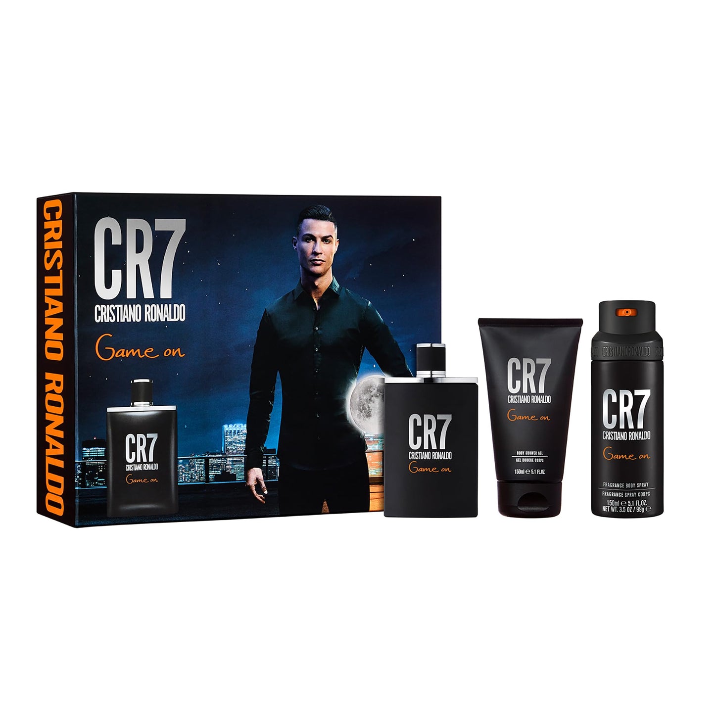 Cristiano Ronaldo CR7 Game On Set de Regalo - Colonia Deportiva y Audaz para Hombres con Notas Amaderadas - Spray Corporal y Gel de Ducha - 3 pz
