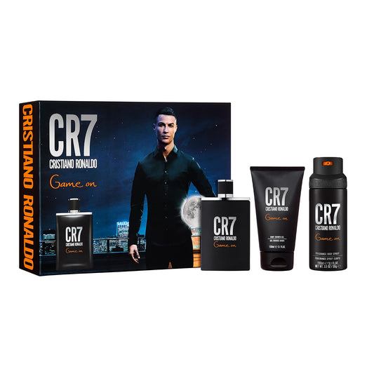 Cristiano Ronaldo CR7 Game On Set de Regalo - Colonia Deportiva y Audaz para Hombres con Notas Amaderadas - Spray Corporal y Gel de Ducha - 3 pz