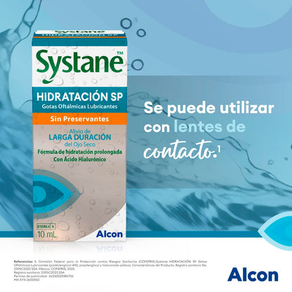 Systane Hidratación SP Gotas Oculares Sin Conservantes para Ojo Seco, con Ácido Hialurónico, Hidratación Superior, Compatibles con Lentes de Contacto, 10 ml
