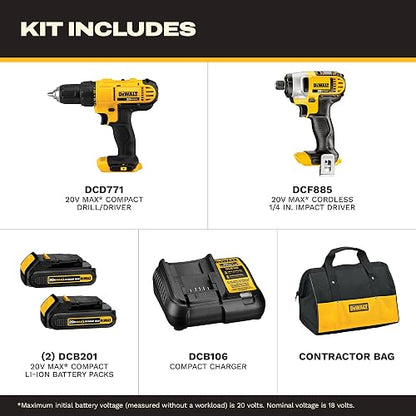 DEWALT Kit Taladro Atornillador y Llave de Impacto 20V, Bolsa, DCK240C2 | Taladro Atornillador y Llave de Impacto, 20V Máx, 2 Baterías, Cargador, Bolsa para Herramientas